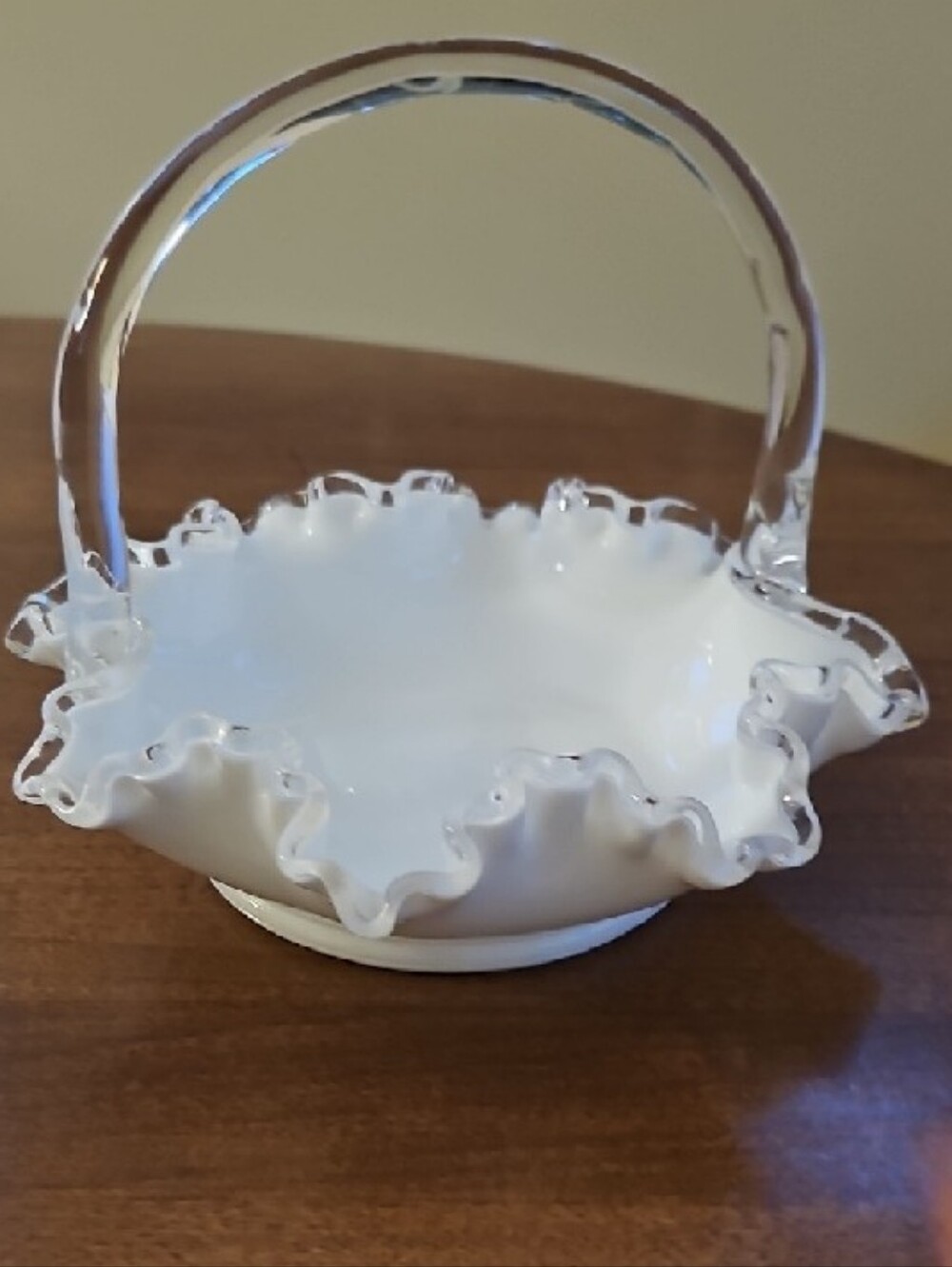 Fenton Silvercrest White Milk Glass Ruffled Edge Basket with Clear Handle - Picture 4 of 7
